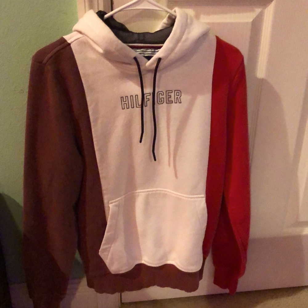 Tommy Hilfiger White Multi-color sleeved White  Burgundy n red sleeved Hoodie XS